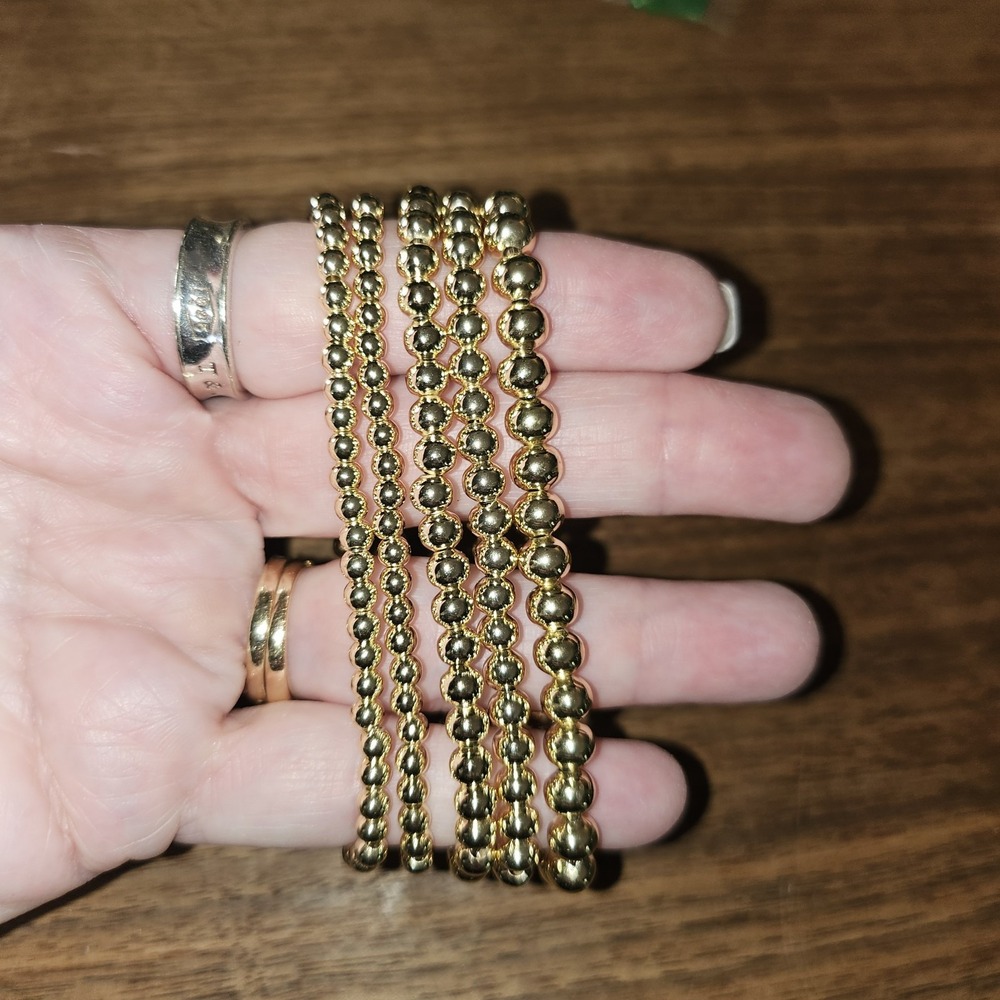 Gold Plated Stretchy Bead Bracelets. Set Of 5. Trendy Popular Sorority